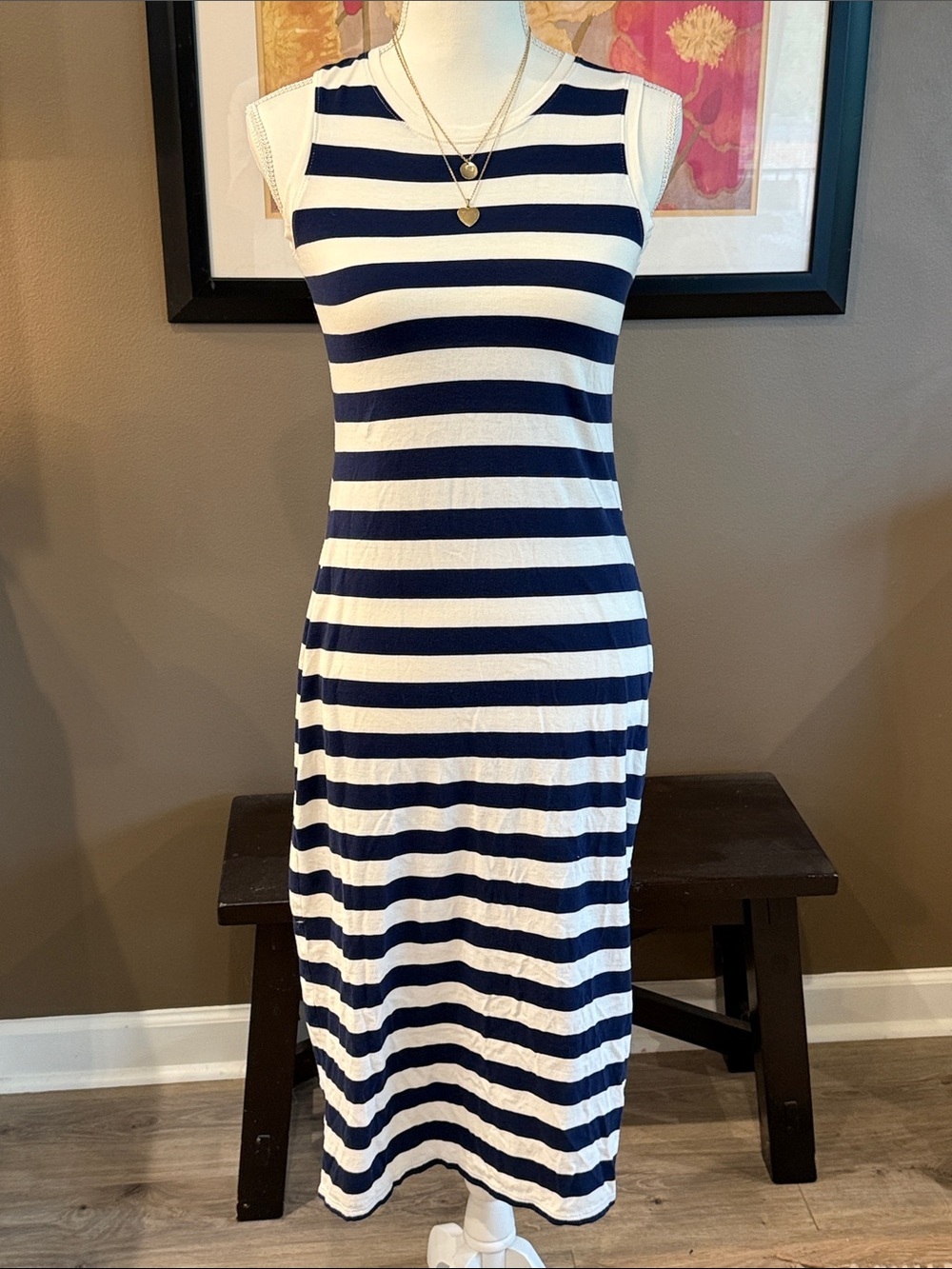 J CREW Classic Preppy Nautical Navy & White Striped Sleeveless Midi Dress XSP
